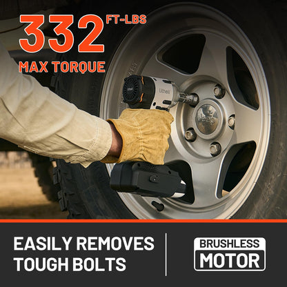 Litheli 20V Brushless Impact Wrench 1/2 inch, Max 330Ft-lbs (450N.m) High Torque Impact Gun, 2500RPM Variable Speed, 2.5Ah Battery for Car Tires, Heavy Duty Bolts & Home DIY (Charger Not Included)