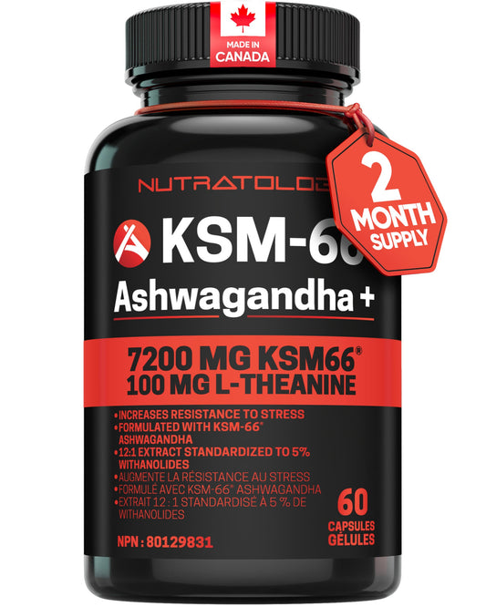 Nutratology® Ashwagandha KSM-66 7200MG + L-Theanine 100MG - Made In Canada | Stress Relief Supplements - Relaxation & Mood Support - Formulated With Bioperine For Enhanced Absorption - 60 Capsules - Available at All In One Marketplace Canada