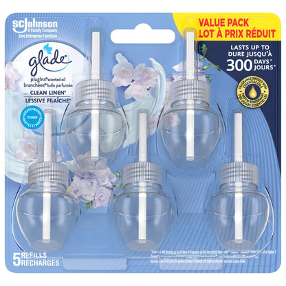 Glade PlugIns Air Freshener Oil Refill, Scented and Essential Oils for Home and Bathroom, Clean Linen, 5 Refills - Available at All In One Marketplace Canada