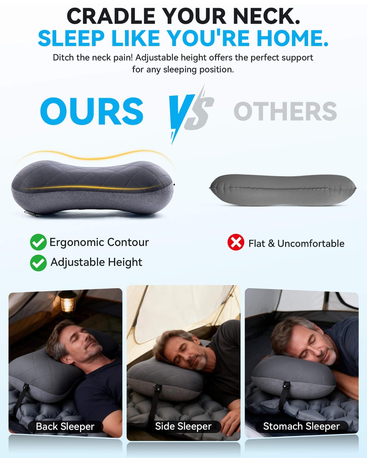 Hikenture Camping Pillow with Removable Cover-Ultralight Inflatable Pillow for Neck Lumber Support-Upgrade Backpacking Pillow-Washable Travel Air Pillows for Camping, Hiking, Backpacking (Grey)