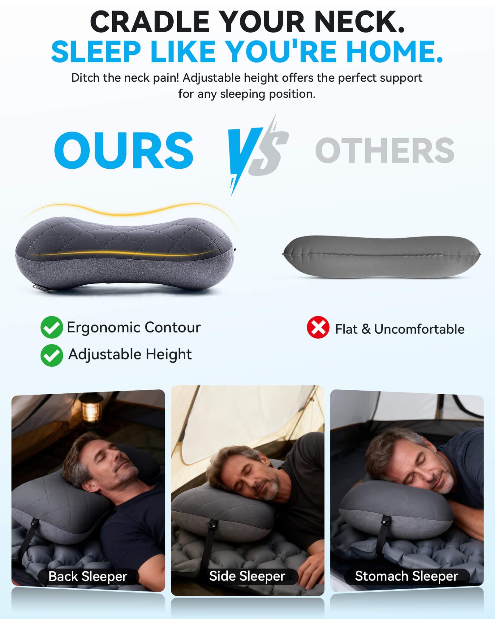 Hikenture Camping Pillow with Removable Cover-Ultralight Inflatable Pillow for Neck Lumber Support-Upgrade Backpacking Pillow-Washable Travel Air Pillows for Camping, Hiking, Backpacking (Grey)