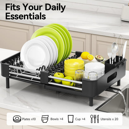 Urackify Extendable Dish Drying Rack, Dual Part Dish Drainers with Non-Scratch and Movable Cutlery Drainer and Drainage Spout, Adjustable Dish Rack for Kitchen,Black - Available at All In One Marketplace Canada