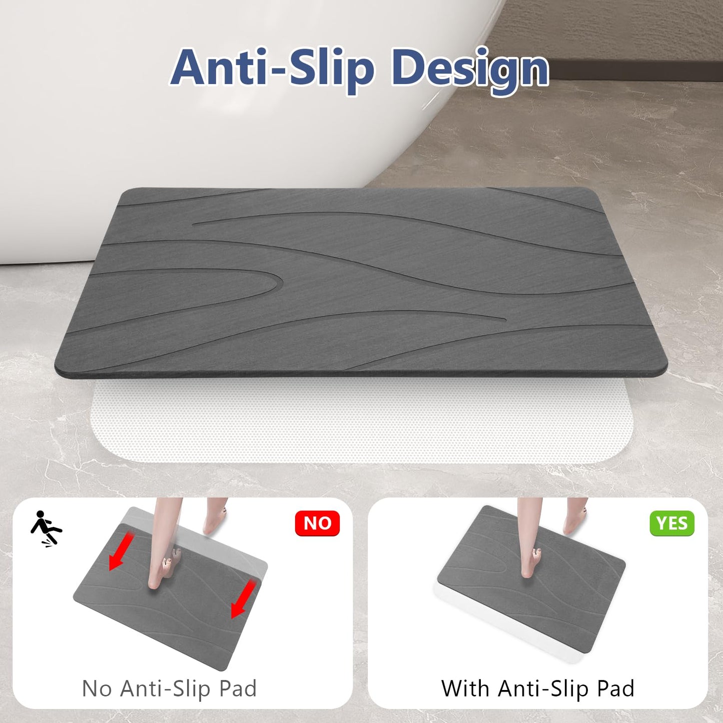 Ceecysaa 80x50cm Stone Bath Mat, Diatomaceous Earth Quick Dry Non Slip, Dark Gray Ceecysaa