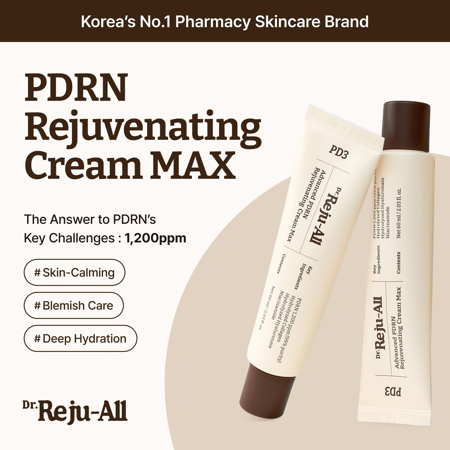 Dr. Reju-All Advanced PDRN Rejuvenating Cream Max – 99% Pure Salmon DNA Gel Type Face Moisturizer – Optimal 1200ppm for Glass Skin & Plumping – Korean Pharmacy Anti-Aging Skin Care Face Cream - 60ml