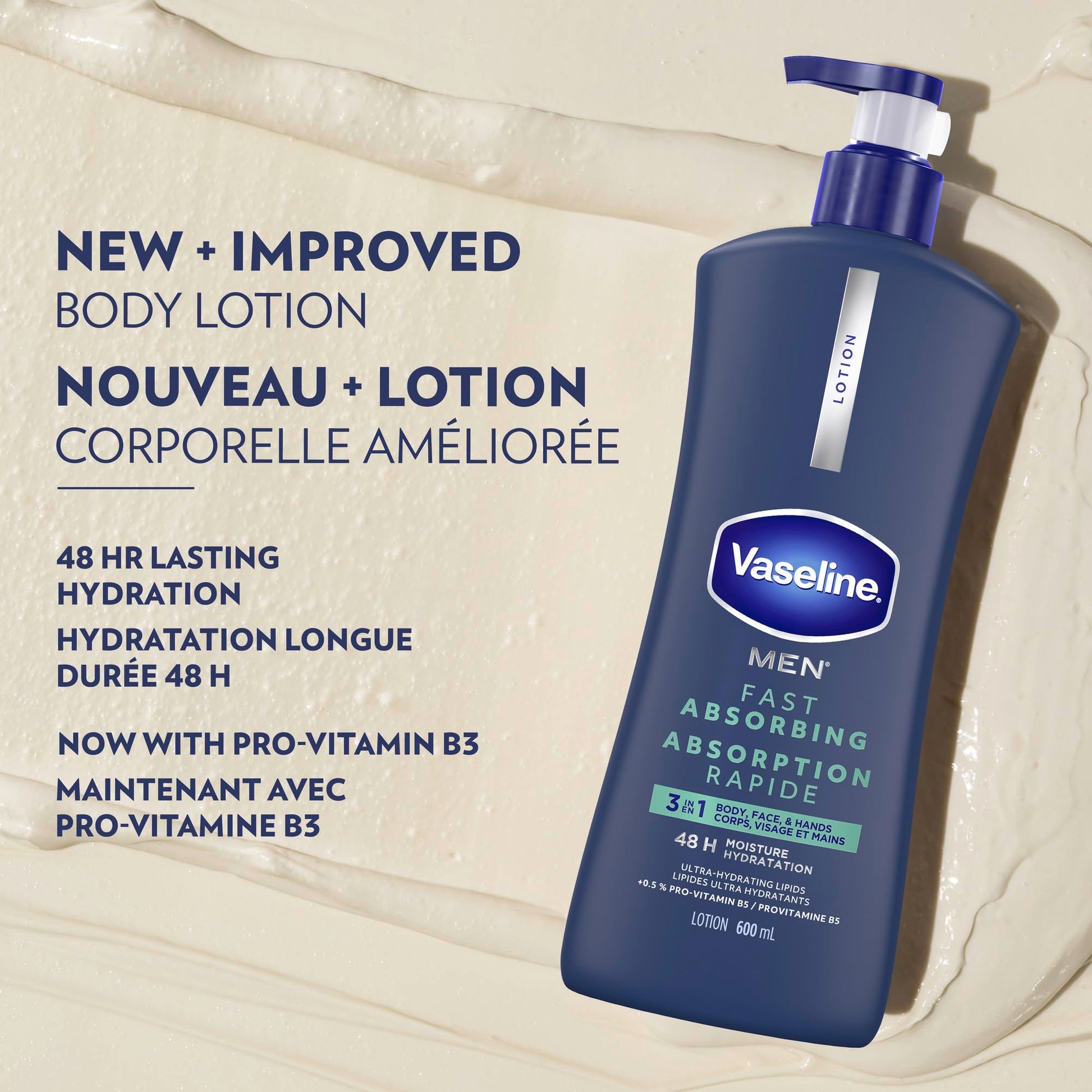 Vaseline Men 3 in 1 Body, Face & Hands Lotion 48 H Dry skin moisturizer, Fast Absorbing with Ultra hydrating lipids, 600 ml (3-pack) - Available at All In One Marketplace Canada