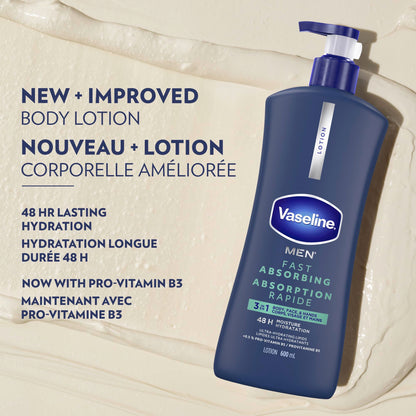 Vaseline Men 3 in 1 Body, Face & Hands Lotion 48 H Dry skin moisturizer, Fast Absorbing with Ultra hydrating lipids, 600 ml (3-pack) - Available at All In One Marketplace Canada