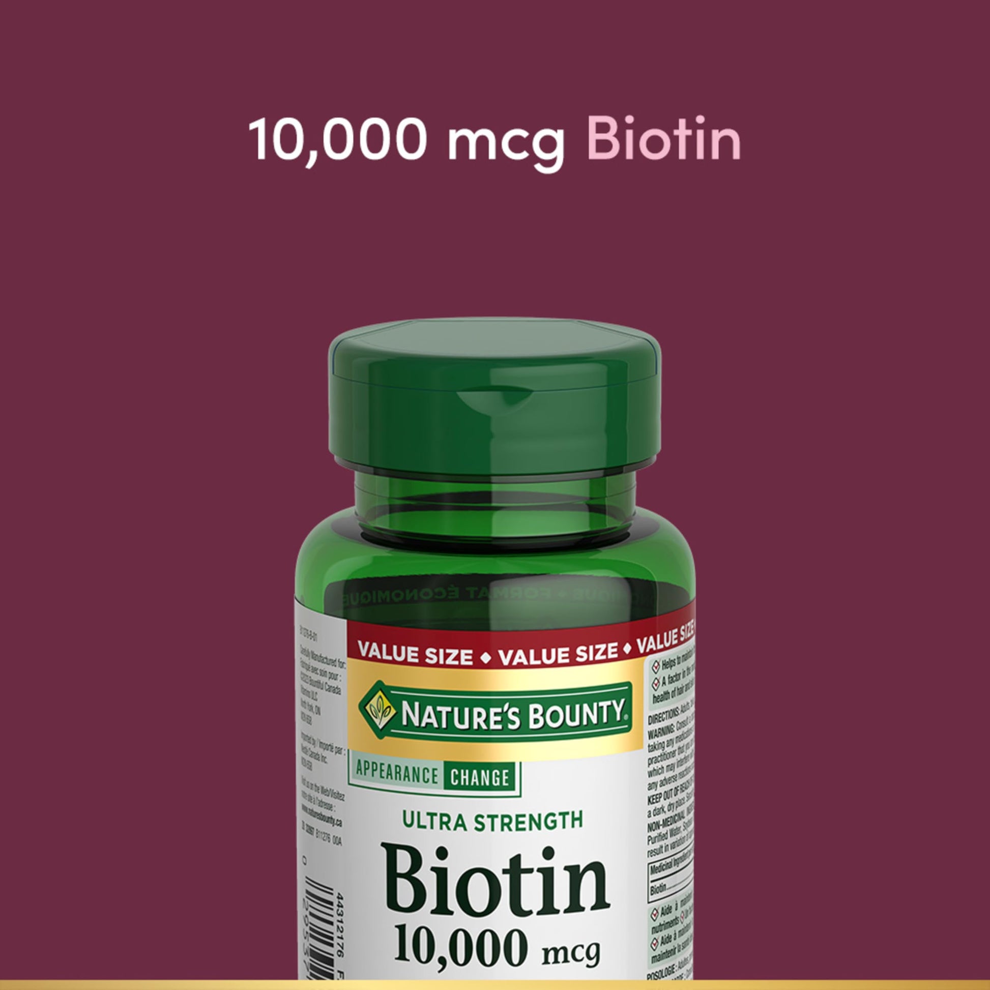 NATURE'S BOUNTY Biotin, Ultra Strength, 10,000 mcg, Promotes Hair Growth, Thicker Healthier Nails, Stronger Thicker Hair & Healthier Skin, Helps Metabolize Nutrients, Softgels, 55.4 g - Available at All In One Marketplace Canada