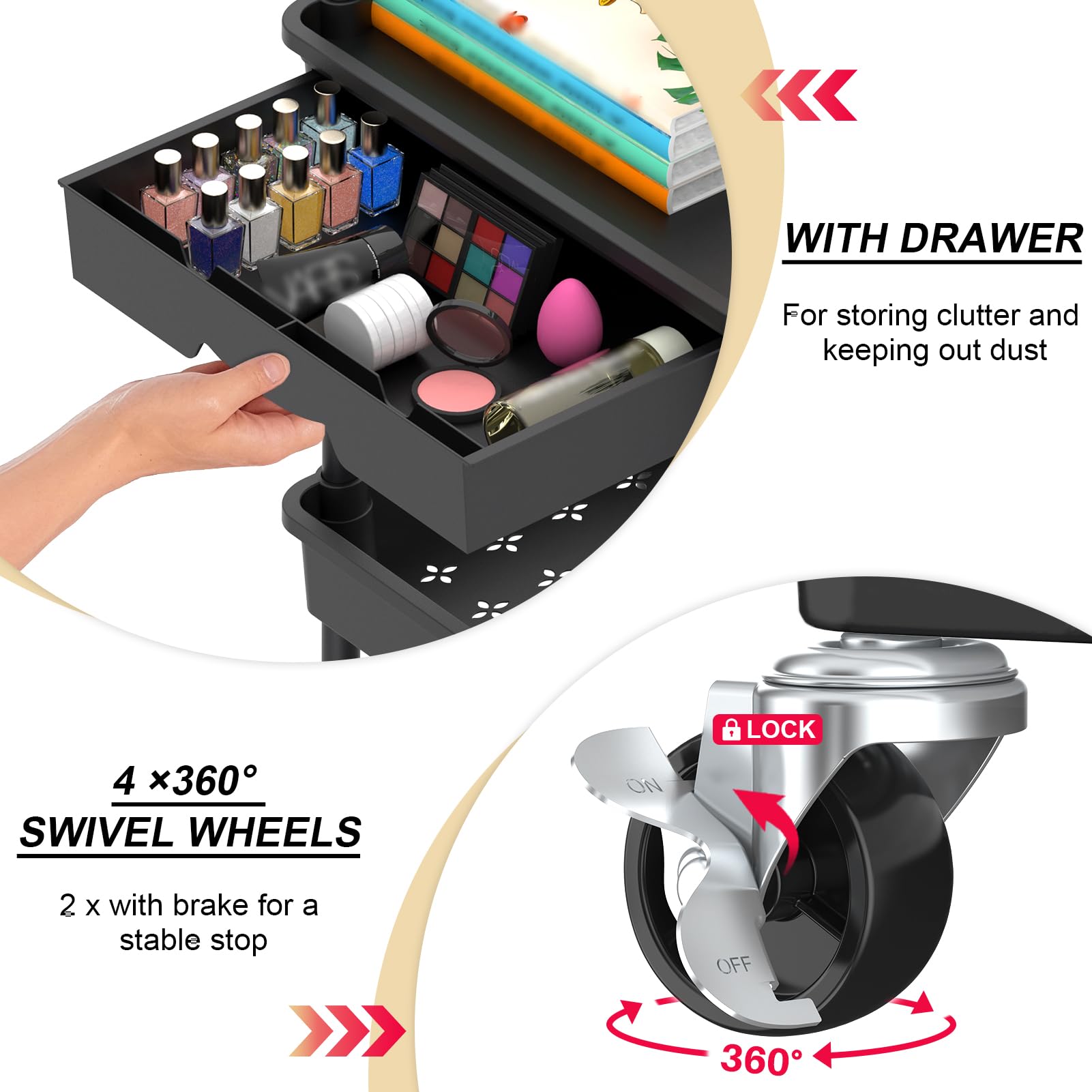 Goovilla 3 Tier Rolling Utility Cart Organizer with Removable Drawer, Stable and Sturdy Black Rolling Storage Carts with 2 Lockable Wheels for Bathroom, Kitchen, Snack, Craft, Makeup, Baby Essentials - Available at All In One Marketplace Canada