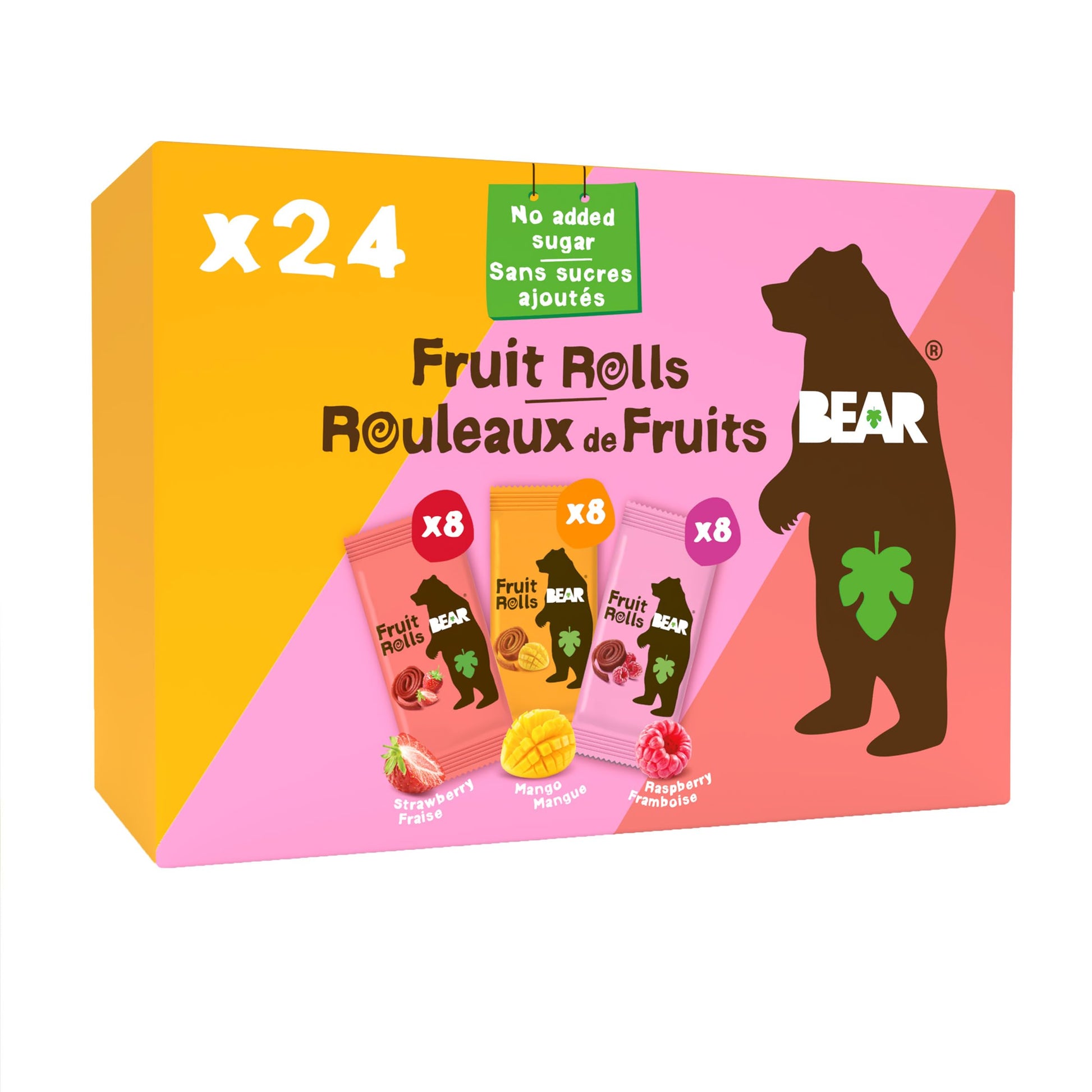 BEAR Fruit Rolls Variety Pack - Strawberry, Mango & Raspberry - Real Fruit Snacks - 100% Natural, No Added Sugar, Gluten Free, Vegan - 24 Count