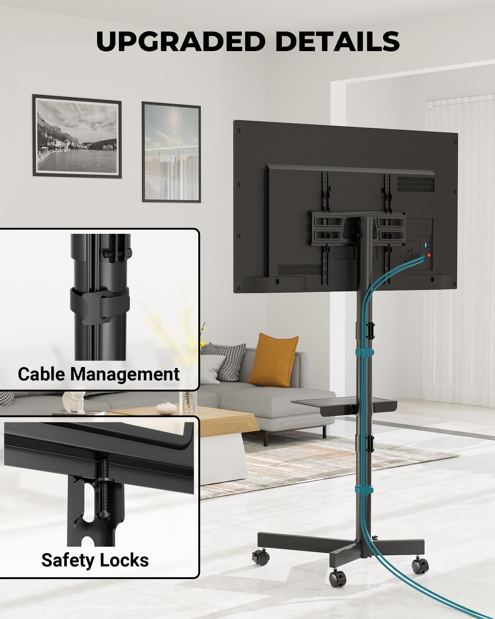 BONTEC Mobile TV Stand with Tilt Function, Rolling TV Cart for 23-60" LED, LCD, OLED TVs, Holds up to 88lbs, Max VESA 400x400mm, Adjustable Media Shelf, TV Stand for Living Room, Bedroom, Office