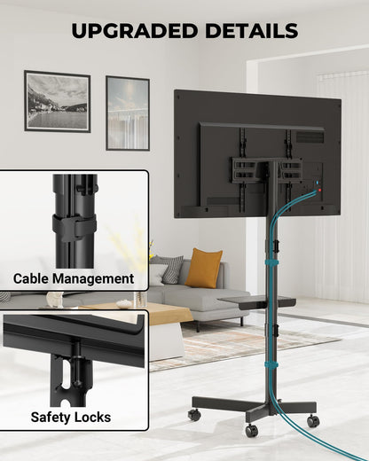 BONTEC Mobile TV Stand with Tilt Function, Rolling TV Cart for 23-60" LED, LCD, OLED TVs, Holds up to 88lbs, Max VESA 400x400mm, Adjustable Media Shelf, TV Stand for Living Room, Bedroom, Office