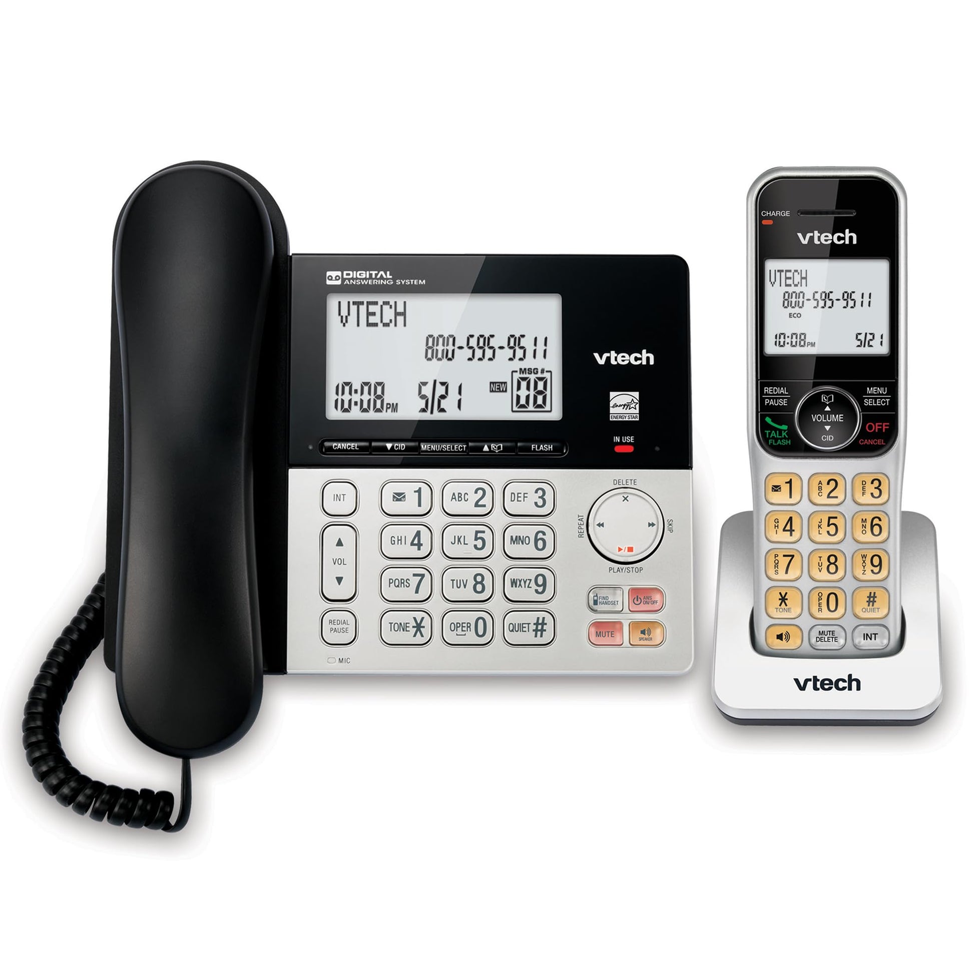 VTech DECT 6.0 1-Handset Corded/Cordless Phone for Home with Answering Machine, Call Blocking, Caller ID, Large Backlit Display, Duplex Speakerphone, Intercom, Landline Line-Power: VG208 VTech