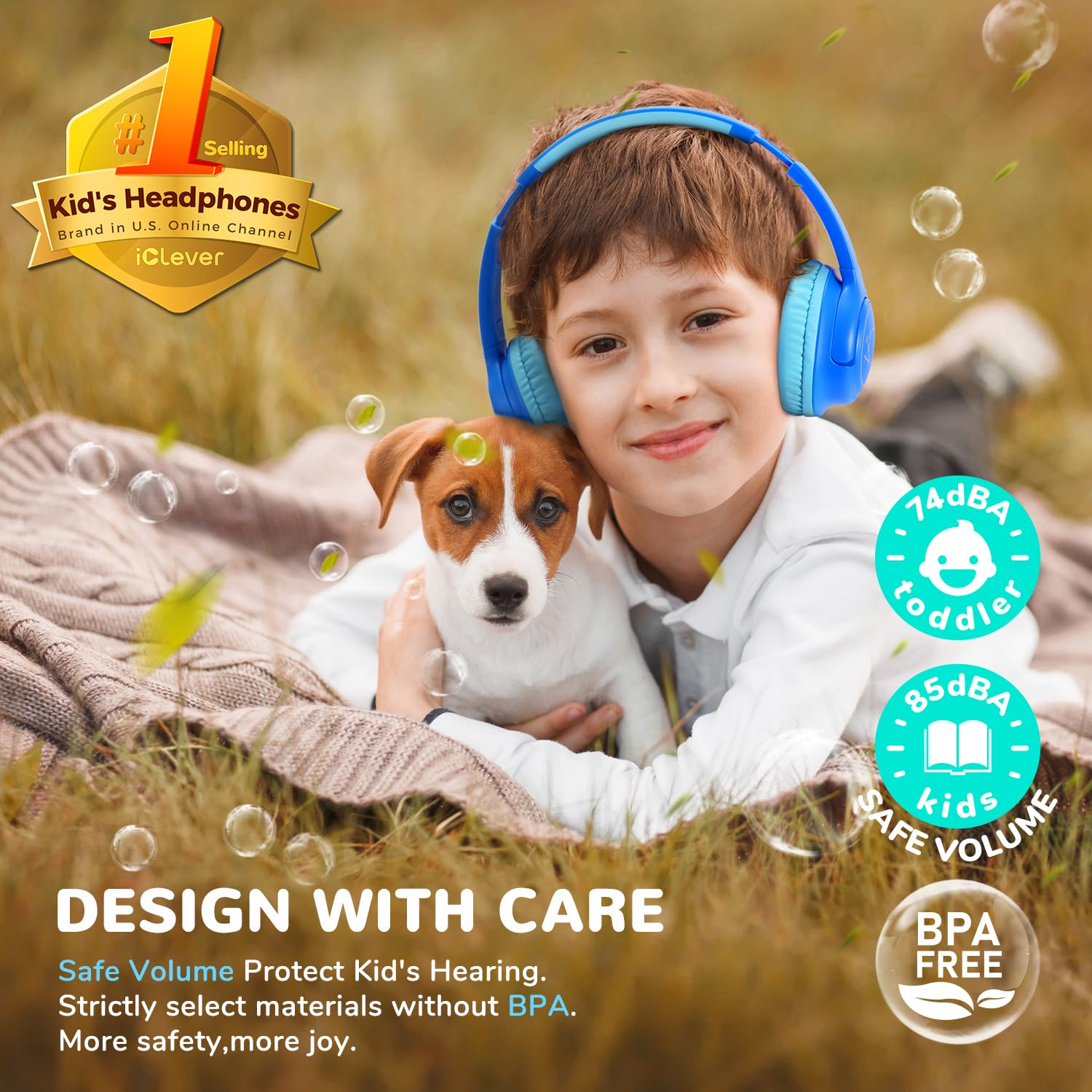 Kids Headphones Wireless with LED Lights, iClever BTH18 Safe Volume 74/85dBA, 43H Playtime, Stereo Sound, USB-C, AUX Cable, Bluetooth5.3 Over Ear Kids Toddler Headphones for Tablet/Travel, Blue