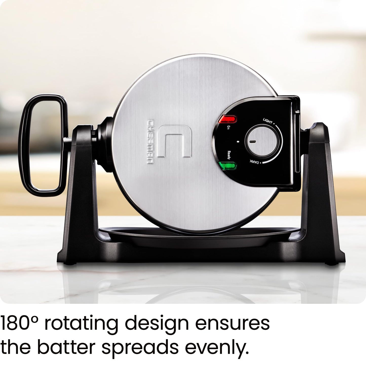 Chefman Rotating Belgian Waffle Maker, 180° Flip Iron w/ Non-Stick Plates, Adjustable Timer, Locking Lid, & Drip Plate, Space Saving Storage, Mess-Free Breakfast, Stainless Steel/Black - Available at All In One Marketplace Canada
