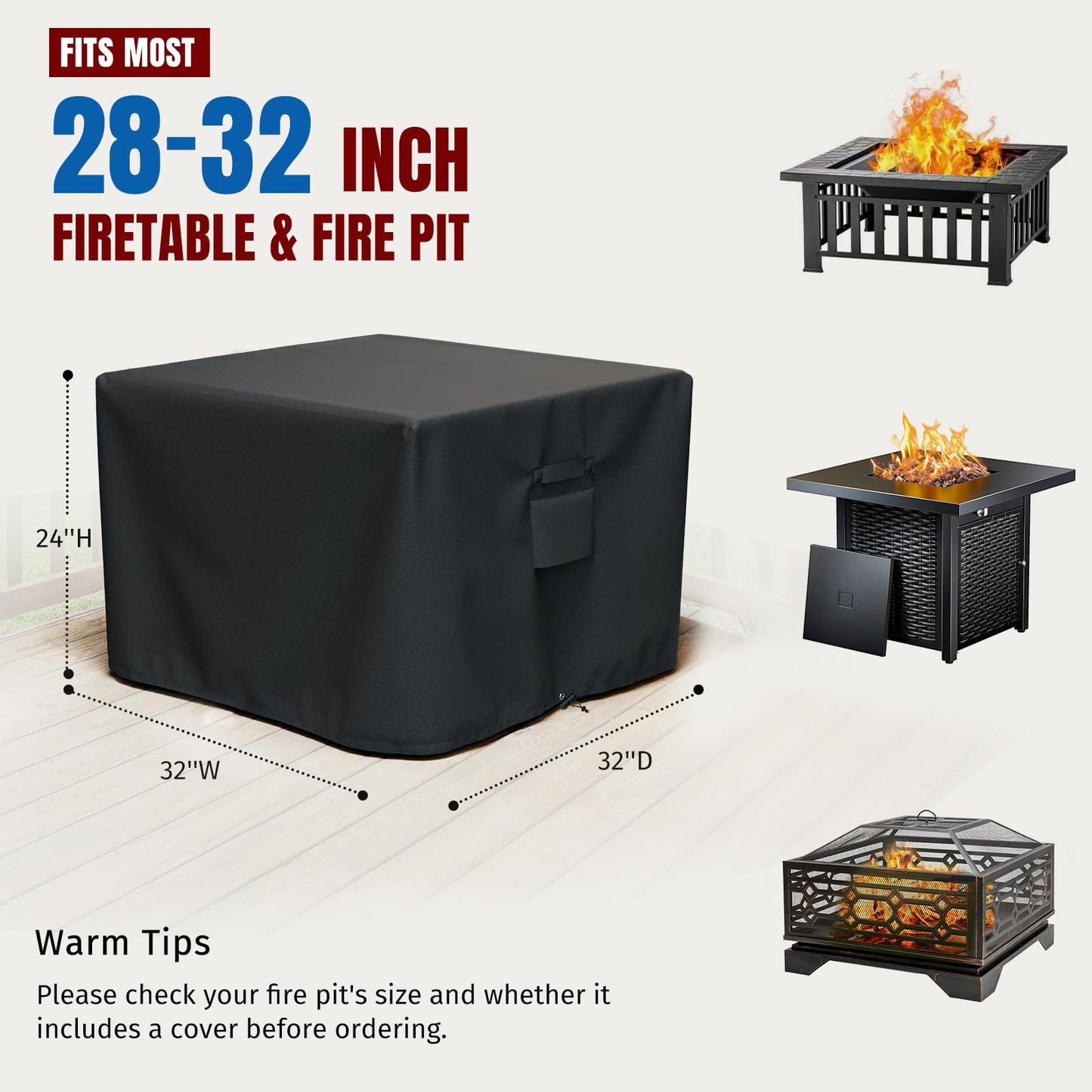 SHINESTAR Fire Pit Cover Square 32" x 32" x 24" - 600D Heavy Duty Waterproof & Windproof Outdoor Firepit Table Cover with Double Drawstrings for 28-32 Inch Square Fire Pits - Black SHINESTAR
