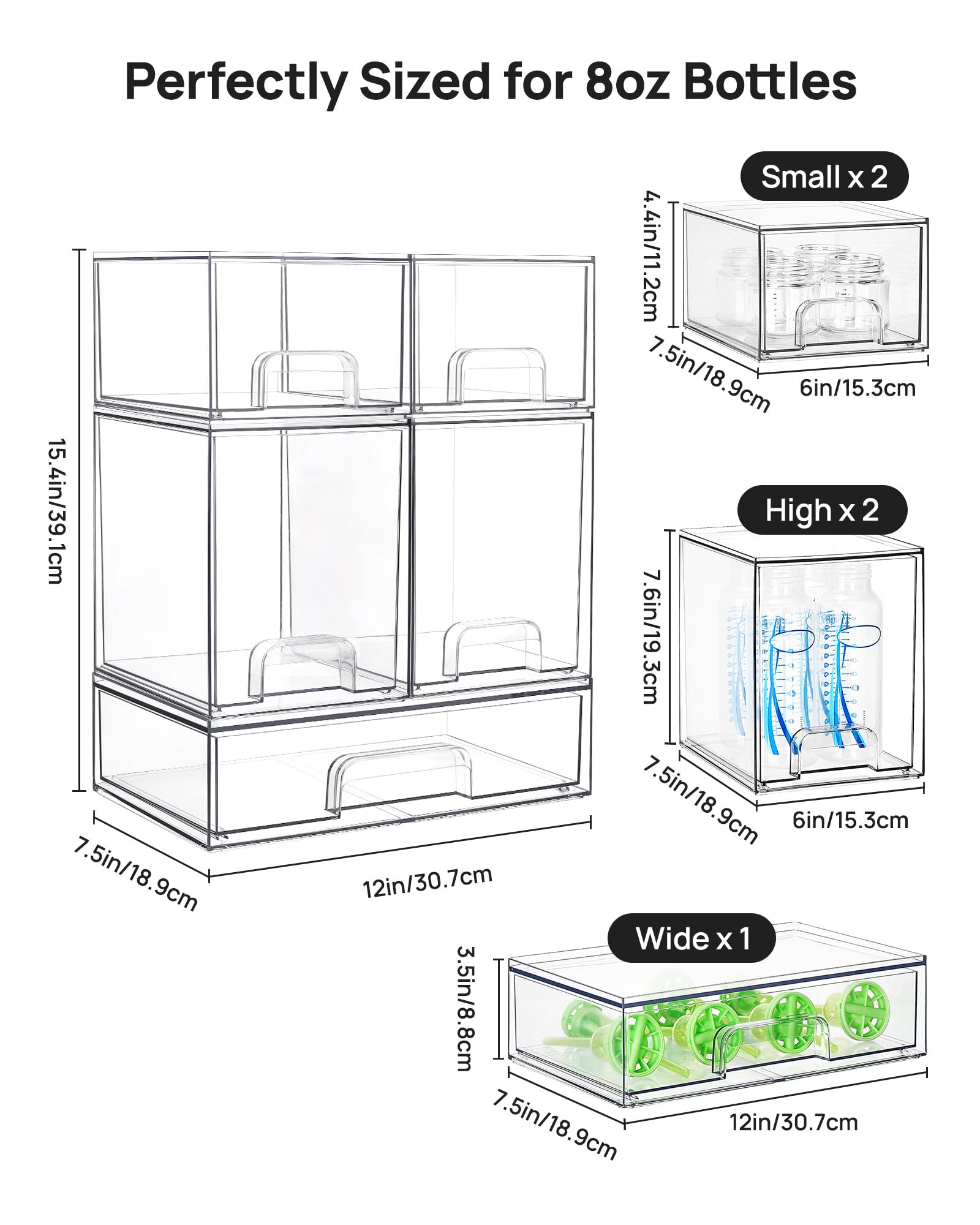 Vtopmart Stackable Storage Drawers Set of 5, 12" Wide and 4.4''&7.6'' High Clear Plastic Organizer Bins for Beauty Supplies,Ideal for Vanity, Bathroom,Cabinet,Pantry Organization