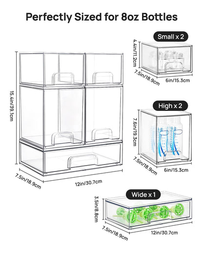 Vtopmart Stackable Storage Drawers Set of 5, 12" Wide and 4.4''&7.6'' High Clear Plastic Organizer Bins for Beauty Supplies,Ideal for Vanity, Bathroom,Cabinet,Pantry Organization