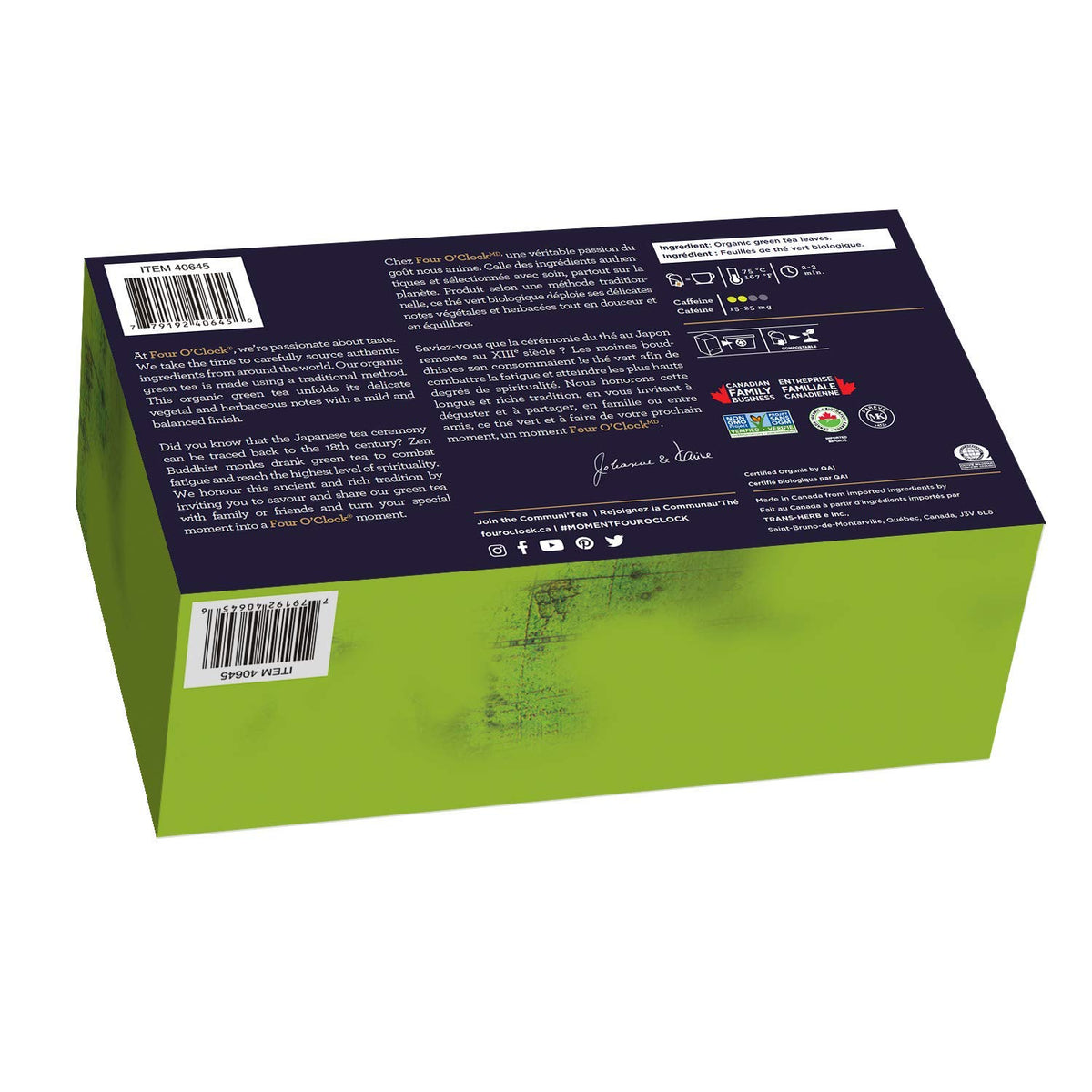 Four O'Clock Organic Green Tea, Non-Gmo, Kosher, Gluten-Free, 60 Teabags