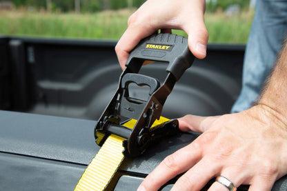 Stanley S1007 Black/Yellow 1.5" x 16' Ratchet Tie Down Straps - Heavy Cargo Securing (3,300 lbs Break Strength), 2 Pack Stanley