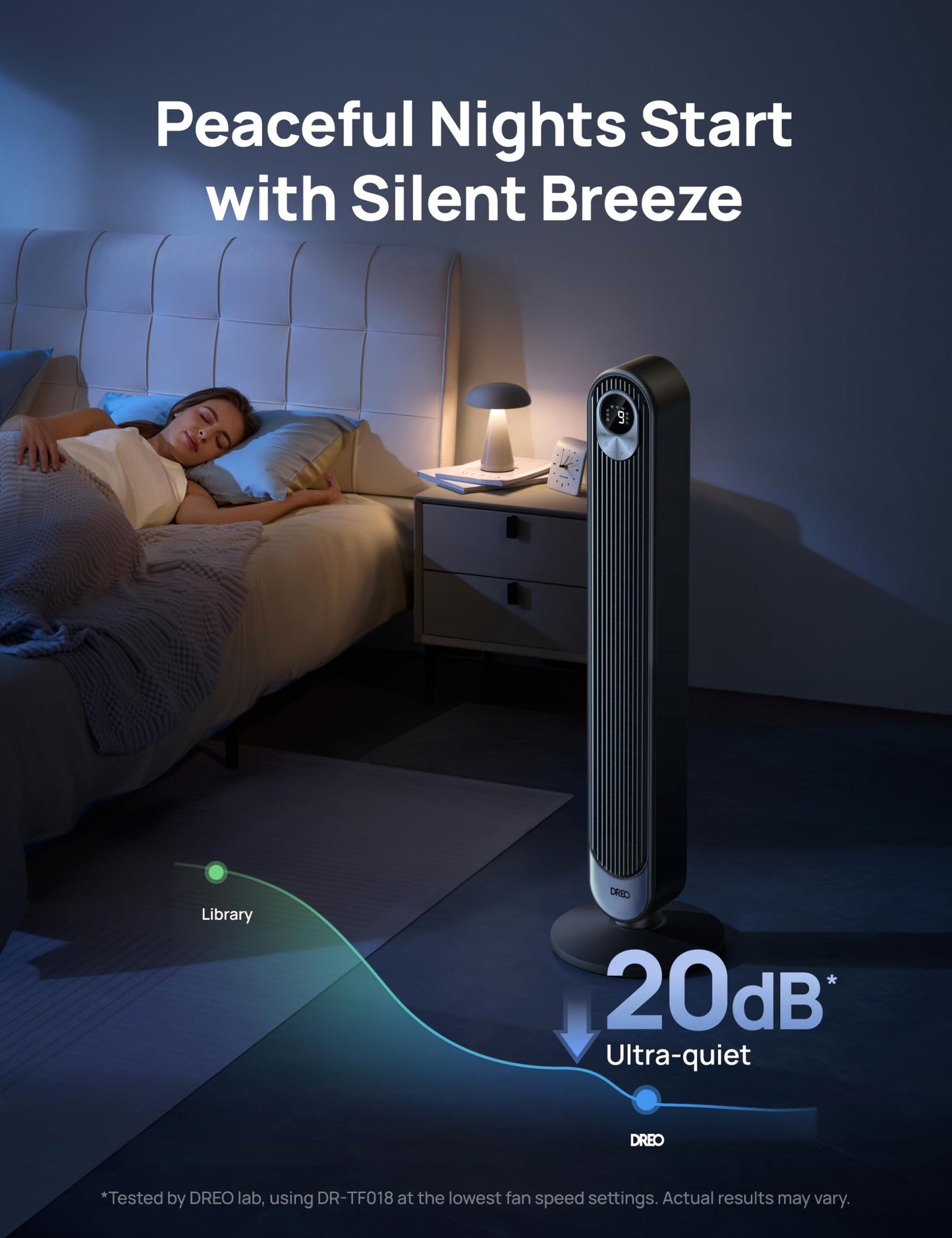 DREO Tower Fan for Bedroom, DC Motor, 28 ft/s, 20dB Quiet Oscillating Bladeless Fan with Remote, 9 Speeds, 4 Modes, 12H Timer, LED Display, Standing Floor Fan Powerful for Indoor Home Office Room