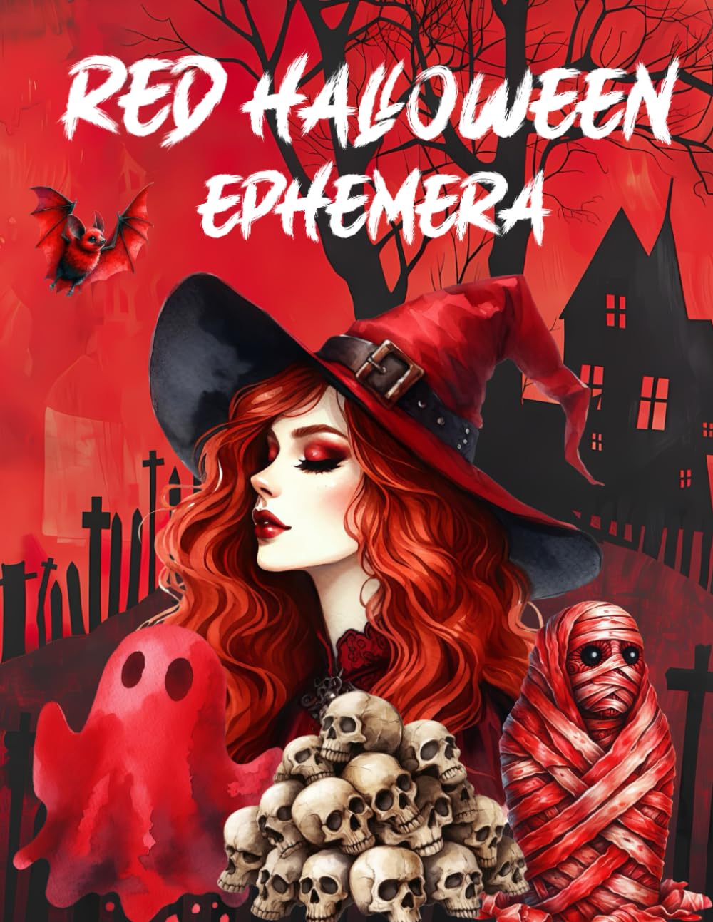 Livre d'éphémères d'Halloween rouge : images de monstres de haute qualité, pour loisirs créatifs, scrapbooking, techniques mixtes, junk journals, art du collage, cartes d'échange d'artistes et plus encore.