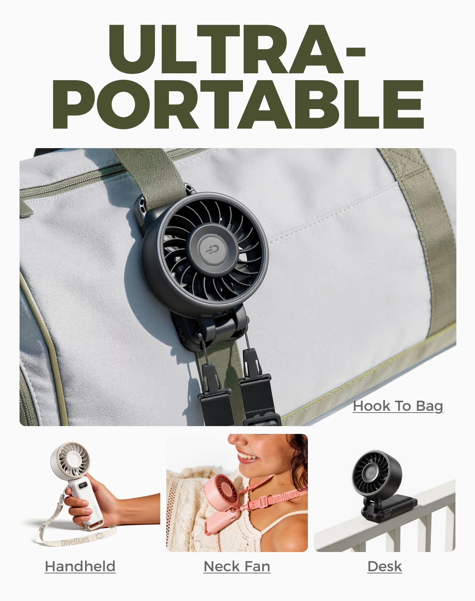 Diveblues Turbo Portable Fan, 3X Powerful Airflow, 1-100 Speed, 4-in-1 Handheld Fan Mini Fan with Carabiner Clip, Up to 12H Cooling for Travel, Gifts for Women, Travel Essentials, Airplane Gadgets - Available at All In One Marketplace Canada
