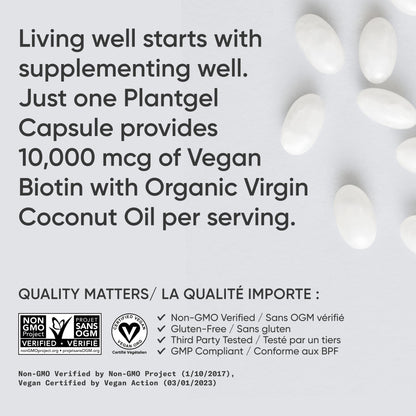Sports Research® Max Strength Vegan Biotin 10,000mcg with Organic Coconut Oil - Helps to Maintain Healthy Hair, Nails and Skin - Great for Women & Men - 120 Veggie Softgels - Available at All In One Marketplace Canada