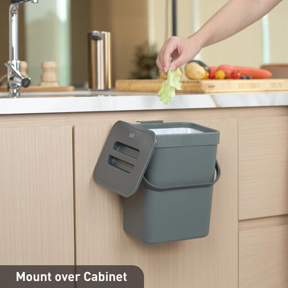 EKO Puro Mini Wall-Mounted Trash Can with Lid, Indoor Food Waste Compost Bucket, 0.79 Gal / 3L Small Hanging Trash Can for Kitchen (Grey) EKO
