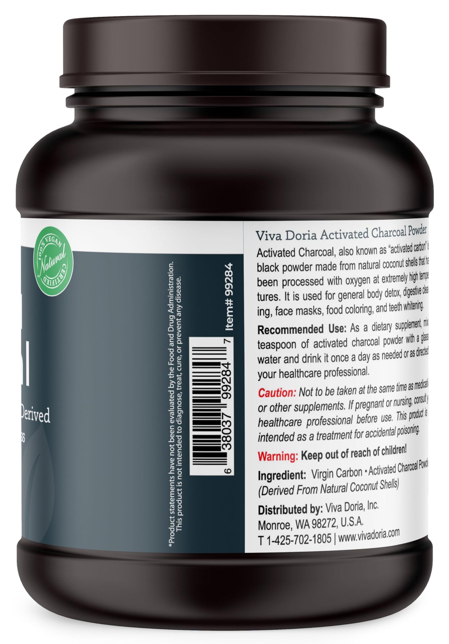 Viva Doria Virgin Activated Charcoal Powder, Coconut Shell Derived, Food Grade, 907 g (2 lb)