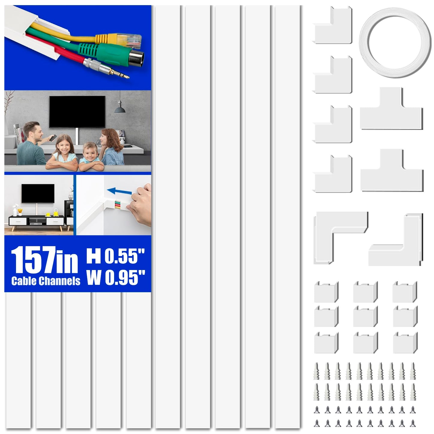 Delamu Cord Hider, 157in Cord Cover Wall, Premium Cord Covers for Wires on Wall, Cable Concealer Hider Kit for Hiding Wires in Home and Office Cable Management, 10X L15.7in X W0.95in X H0.55in, White