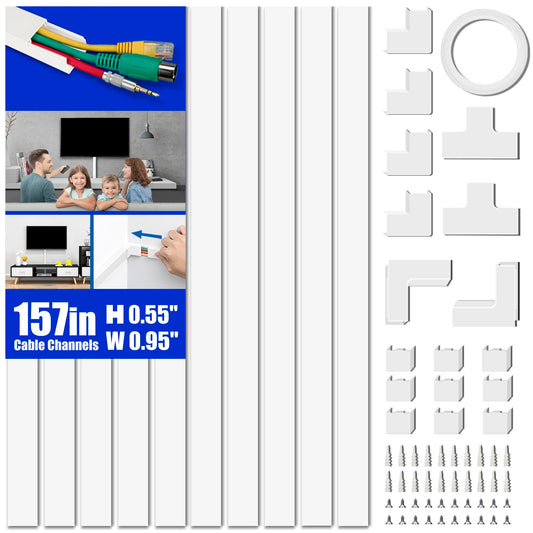 Delamu Cord Hider, 157in Cord Cover Wall, Premium Cord Covers for Wires on Wall, Cable Concealer Hider Kit for Hiding Wires in Home and Office Cable Management, 10X L15.7in X W0.95in X H0.55in, White