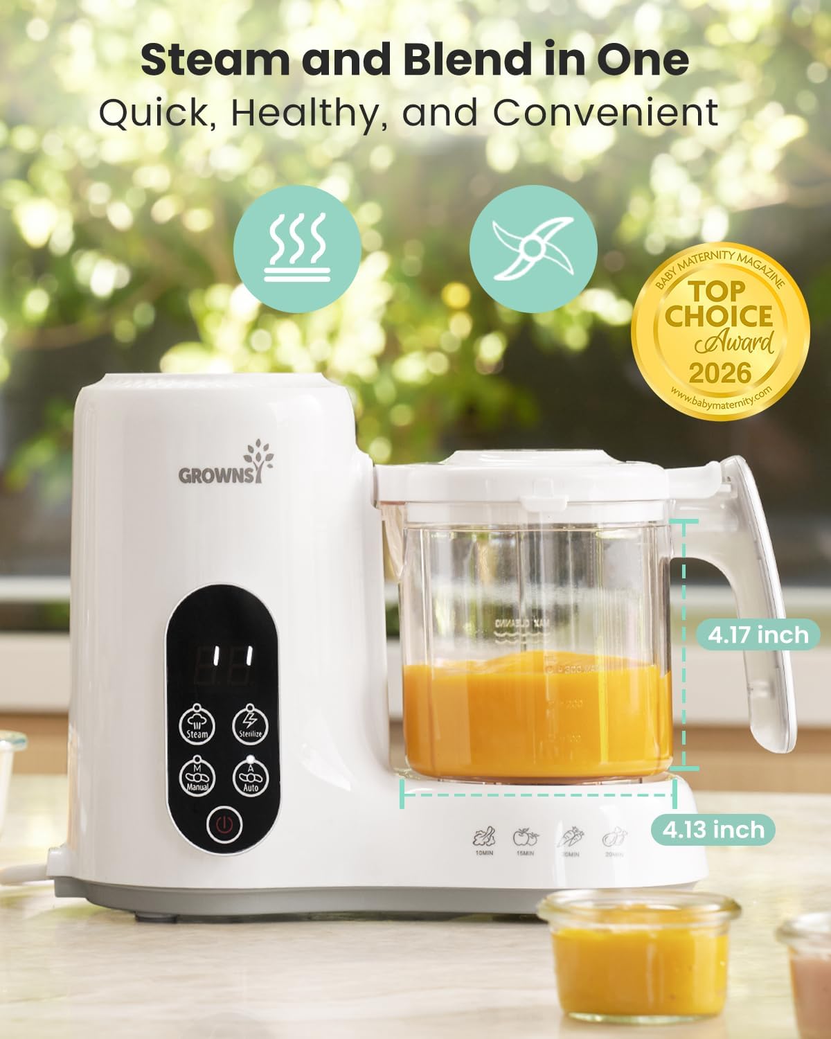 Grownsy Baby Food Maker with Steam Basket, One Step Baby Food Processor Steamer Puree Blender Grinder Mills Machine, Auto Cooking Grinding and Sterilizing for Healthy Homemade Food, BPA-Free