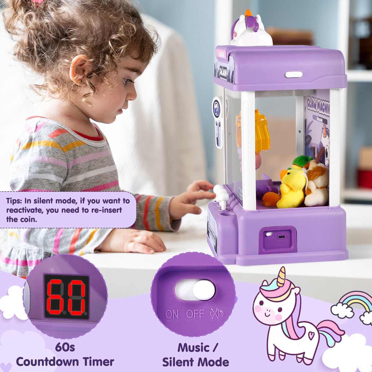 CWLAKON Claw Machine for Kids Adults with Sound, Unicorns Toys for Girls Age 3+, Arcade Games Mini Vending Machine with Mini Plush Toys, Candy Grabber Prize Dispenser Machine, Christmas Birthday Gifts 🍁 All In One Marketplace Canada