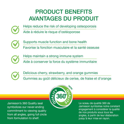 Jamieson Calcium 250 mg with Vitamin D3 400 IU Gummies, Cherry, Strawberry, and Orange Flavours, Helps Prevent Osteoporosis, Supports Strong Bones and Teeth. Non-GMO, Gluten-Free, No Artificial Colours, Flavours, or Preservatives, 60 Count, Proudly Canadi - Available at All In One Marketplace Canada
