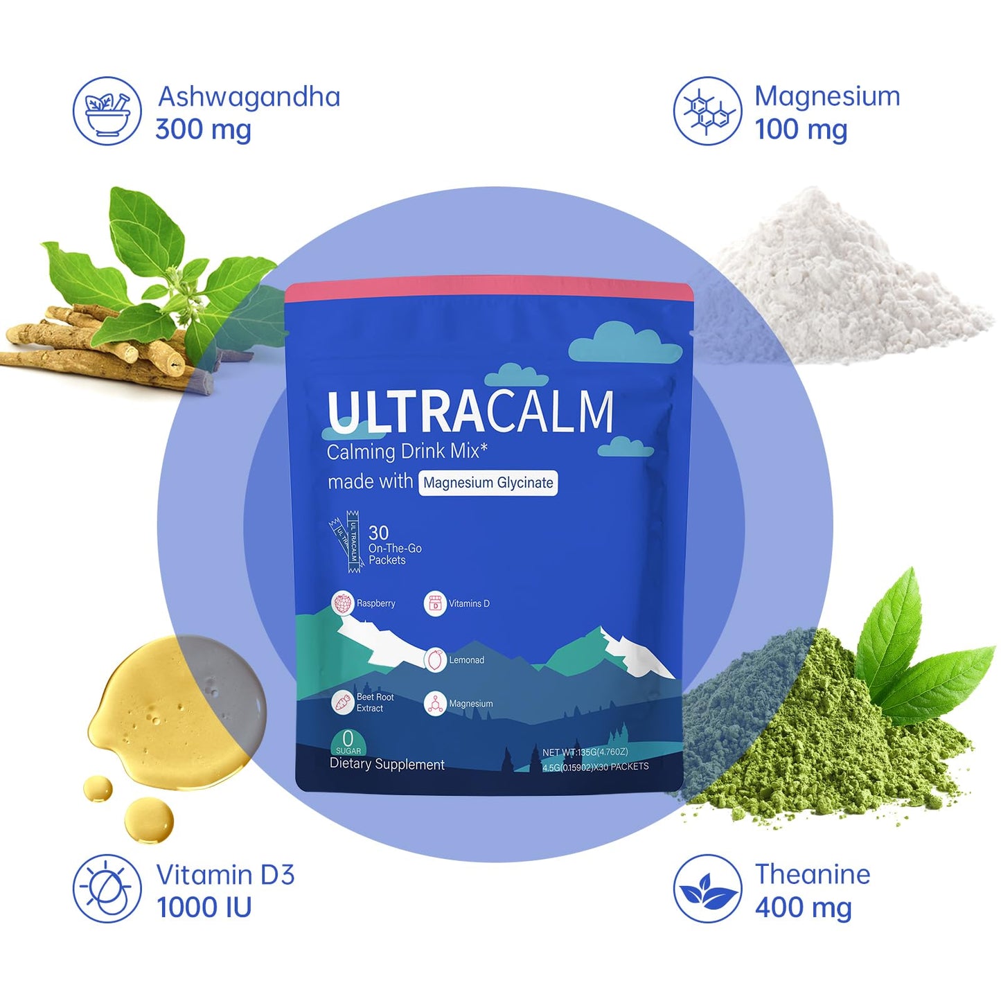 GMOOKEY UltraCalm Super Drink Packets, Raspberry Lemonade Flavor, Sugar‑Free Stress Relief & Focus Support with Magnesium, Non‑GMO, Vegetarian (30 Servings) - Available at All In One Marketplace Canada