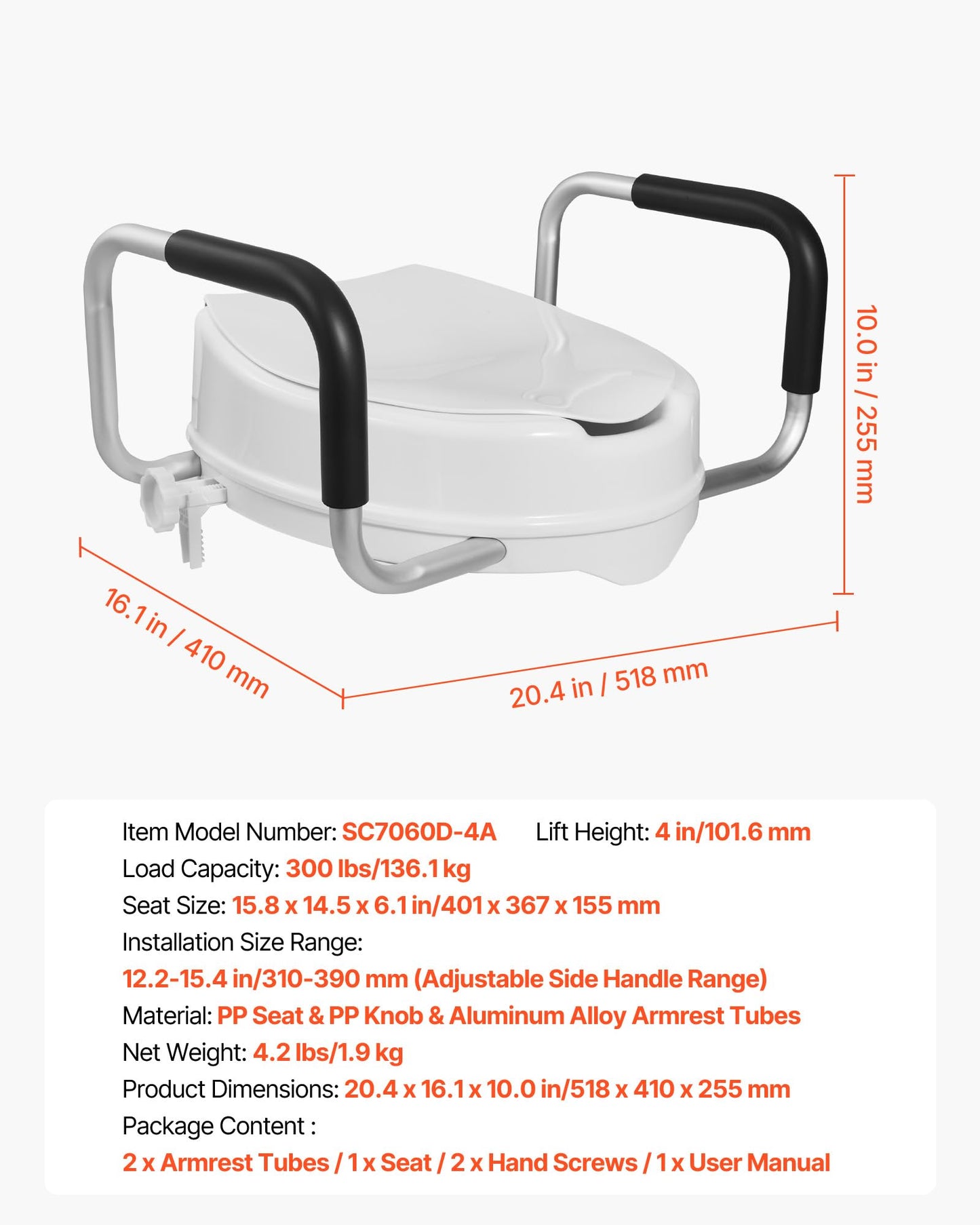 VEVOR Raised Toilet Seat with Arms, 300 lbs Load Capacity, 4-Inch Lift Height, Widened Commode Elevated Toilet Seat Riser with Padded Handles for Seniors, Elderly, Handicap, Disabled, and Adults Use VEVOR
