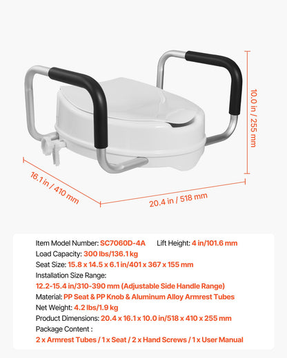VEVOR Raised Toilet Seat with Arms, 300 lbs Load Capacity, 4-Inch Lift Height, Widened Commode Elevated Toilet Seat Riser with Padded Handles for Seniors, Elderly, Handicap, Disabled, and Adults Use VEVOR