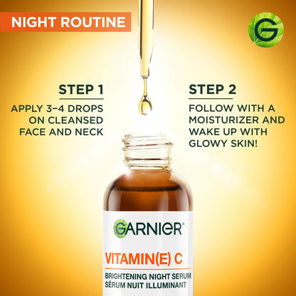 Garnier SkinActive Brightening Night Vitamin-C Serum, with Hyaluronic Acid, Brightens & Smoothens Skin in just 3 Nights, for All Skin Types, even Sensitive Skin - 30ml