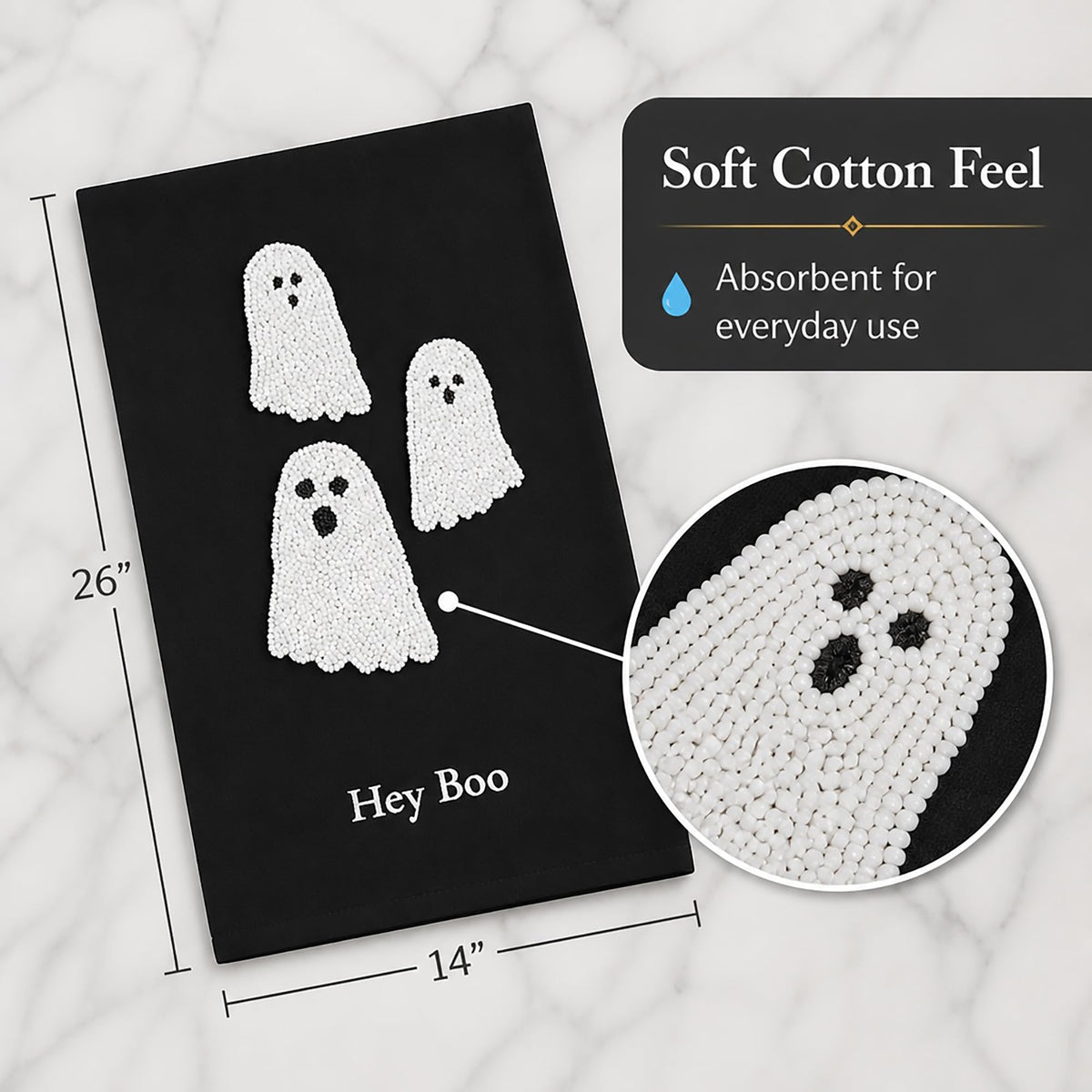 Mud Pie Halloween Bead Towel, Ghost, 26" x 14"