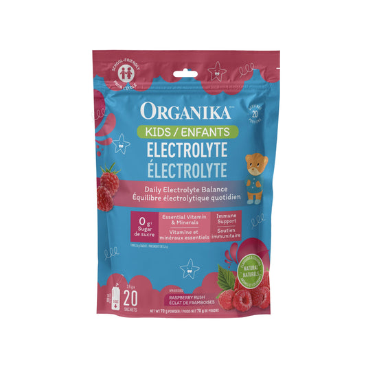 Organika Kids Electrolytes Powder Sticks - Sugar-Free Hydration + Immune support with 100% of daily Vitamin C, Minerals and Prebiotic Fibre | Raspberry Rush Flavour - 3.5g x 20 sachets - Available at All In One Marketplace Canada