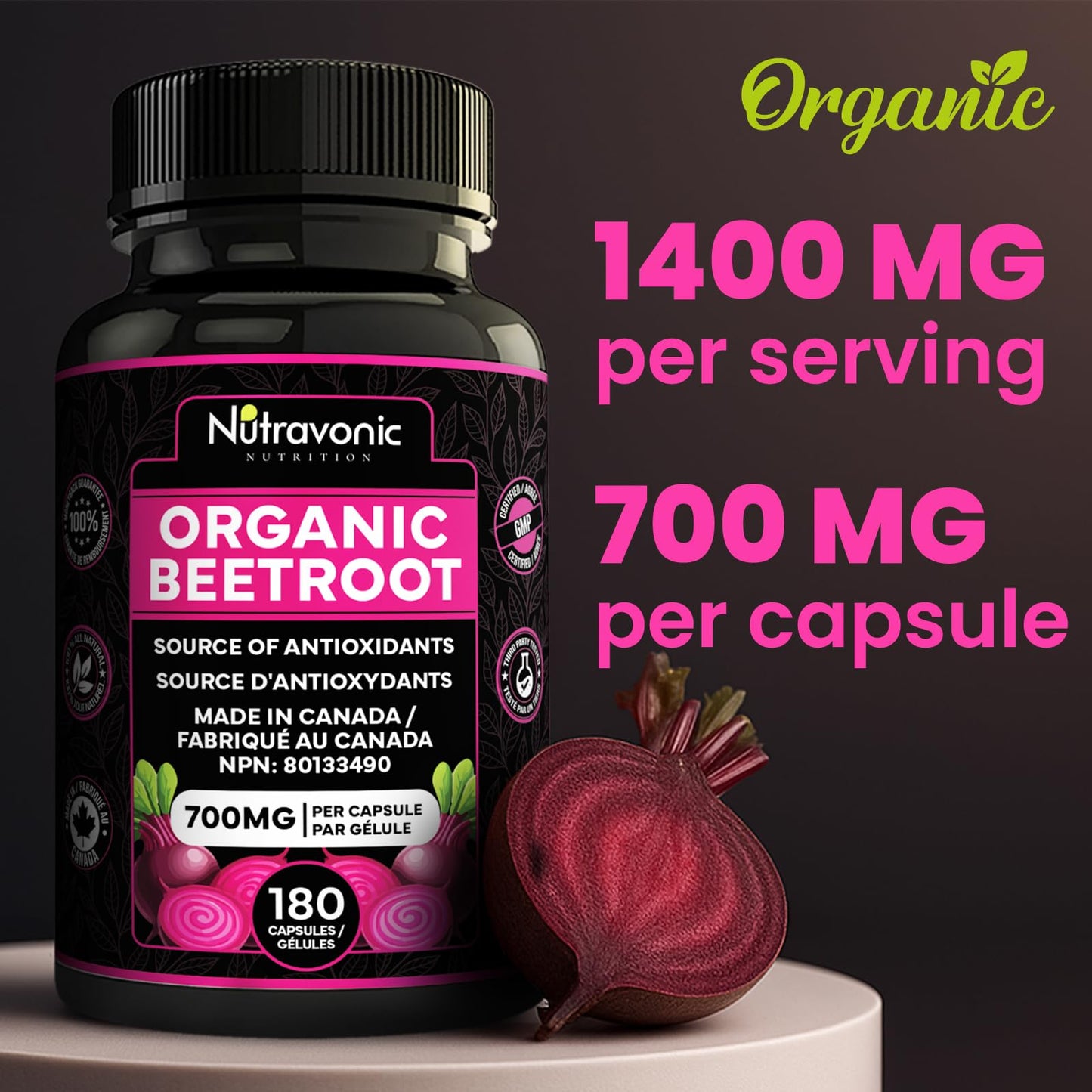*BONUS SIZE* 180 Capsules of High Potency Organic Beetroot Capsules | 1,400mg per serving (700mg per capsule x2) Canadian Made Beet Root Powder | Antioxidant Support | Support Active Energy Lifestyle | A Natural Super Food | Quality Assured - Available at All In One Marketplace Canada