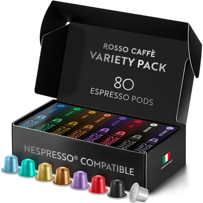 ROSSO CAFFÈ Espresso Coffee Capsules for Nespresso Original Machines - 80 Pod Variety Pack, 8 Distinct Blends, Medium to Dark Roast - Italian Made