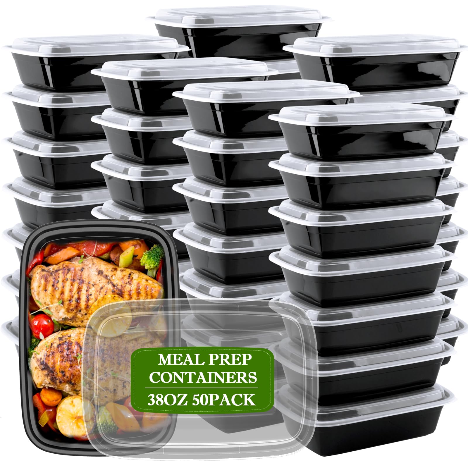 Meal Prep Containers Reusable 38oz - Food Containers with Lids 50 Pack, Disposable to Go Containers, Leakproof Food Prep Containers, Stackable, Takeout, BPA-Free, Microwave/Freezer Safe - Available at All In One Marketplace Canada