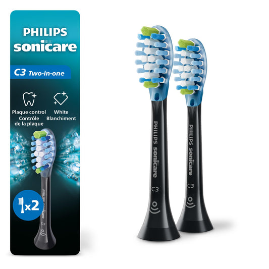 Philips Sonicare C3 Two-in-One - Genuine Replacement Electric Toothbrush Heads, Black, 2 Pack, HX9042/95 - Available at All In One Marketplace Canada