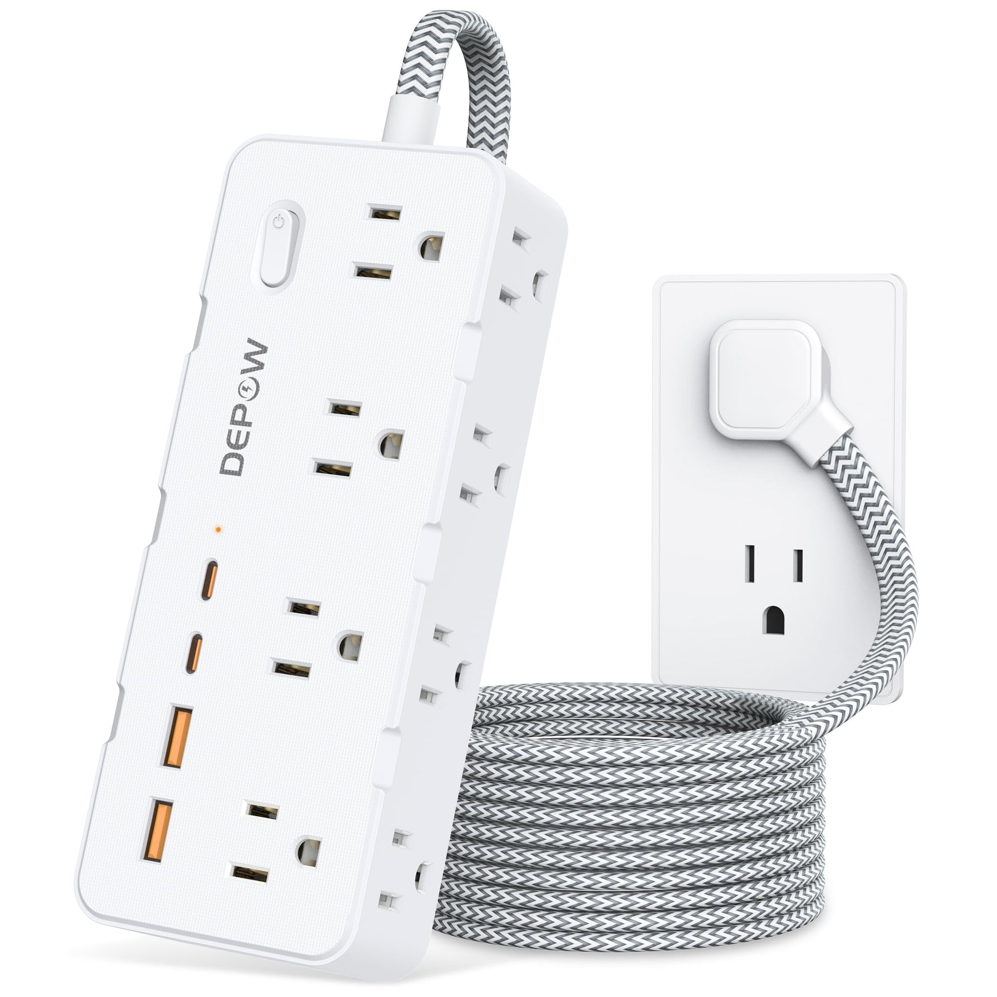 DEPOW Power Bar Surge Protector with 5FT Braided Flat Extension Cord, Wall Mount Charging Station with 8 Outlets 4 USB Ports(2 USB C), Ultra Thin Flat Plug for Home Office, Dorm, Hotel, Travel - Available at All In One Marketplace Canada