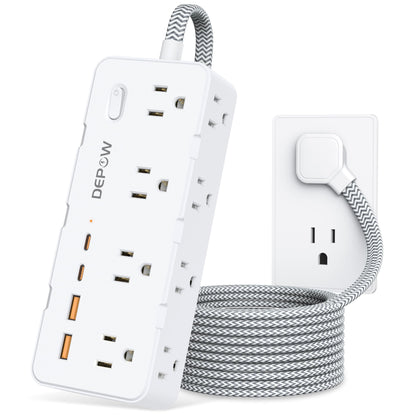 DEPOW Power Bar Surge Protector with 5FT Braided Flat Extension Cord, Wall Mount Charging Station with 8 Outlets 4 USB Ports(2 USB C), Ultra Thin Flat Plug for Home Office, Dorm, Hotel, Travel - Available at All In One Marketplace Canada