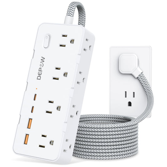 DEPOW Power Bar Surge Protector with 5FT Braided Flat Extension Cord, Wall Mount Charging Station with 8 Outlets 4 USB Ports(2 USB C), Ultra Thin Flat Plug for Home Office, Dorm, Hotel, Travel - Available at All In One Marketplace Canada