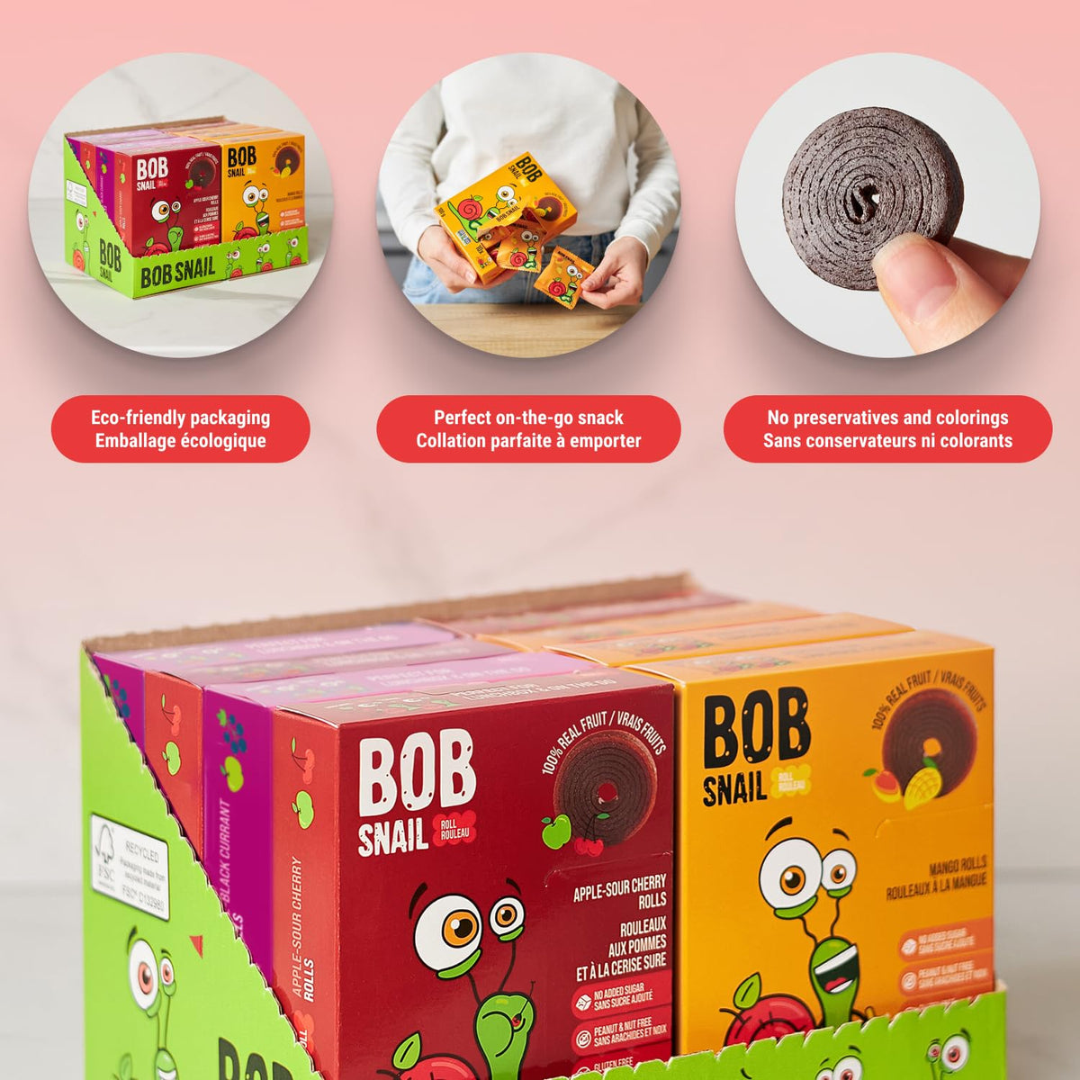 Bob Snail Fruit Roll Ups – Healthy Sweets Snacks, Real Dried Fruits, No Added Sugar, Vegan, Nut Free, Candy for Adults, Kids, with Mango, Cherry, Blackcurrant – Bulk 80 pcs Rolls, 800g 🍁 All In One Marketplace Canada