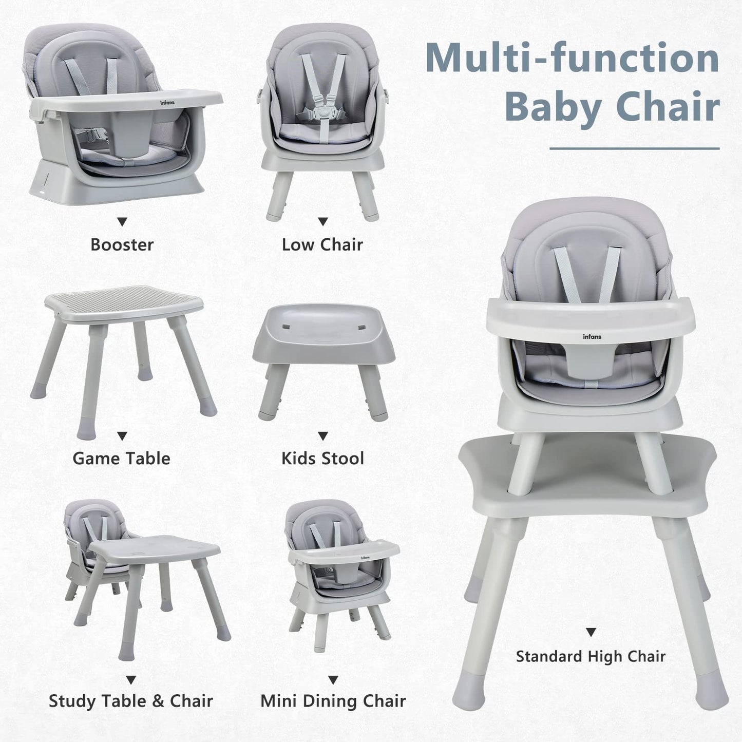 INFANS 8 in 1 Baby High Chair, Convertible Highchair for Babies and Toddlers, Infant Dining Booster Seat, Building Block Table, Kids Stool Table Chair Set with Removable Tray (Grey) INFANS