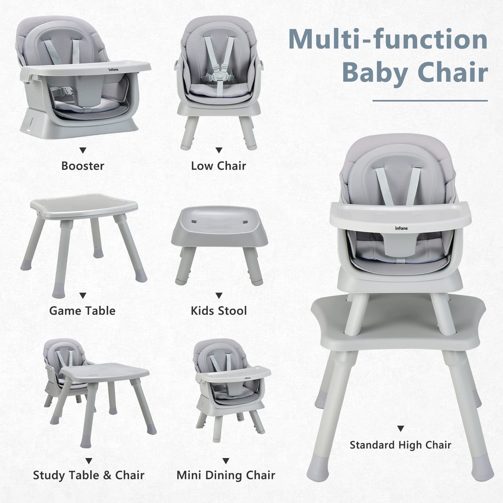 INFANS 8 in 1 Baby High Chair, Convertible Highchair for Babies and Toddlers, Infant Dining Booster Seat, Building Block Table, Kids Stool Table Chair Set with Removable Tray (Grey) INFANS